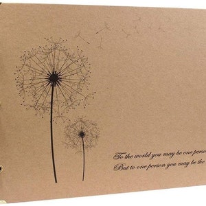 May include: A brown photo album with a dandelion design and the quote "To the world you may be one person, But to one person you may be the world".