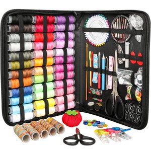 May include: A black zippered case filled with sewing supplies, including spools of thread, needles, buttons, scissors, and a pincushion.