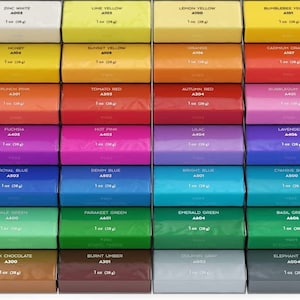 May include: A set of 48 1-ounce tubs of modeling clay in various colors, including titanium white, zinc white, lime yellow, lemon yellow, bubblegum yellow, gold, peach, honey, sunset yellow, orange, cadmium orange, apricot, red, blush pink, tomato red, autumn red, bubblegum pink, bubble bath pink, blush pink, fuchsia, hot pink, lilac, lavender, night sky blue, dark blue, royal blue, denim blue, bright blue, cyan blue, turtle green, fresh green, pale green, parakeet green, emerald green, basil green, olive green, copper, milk chocolate, burnt umber, dolphin gray, elephant gray, and  hob.