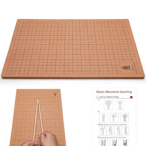 May include: A cork board with a grid pattern and a black and white diagram of macrame knots. The diagram shows different ways to tie a lark's head knot. The text on the diagram reads "Basic Macrame learning 1: Lark's head knots".