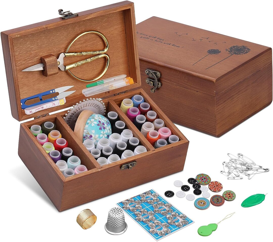 Wooden Sewing Box Household Vintage Needle Thread Storage Case Sewing Organize Box DIY Sewing Tools For Home Tailor Adults(Taraxacum Pattern Sewing Kit Box