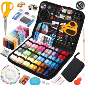 May include: A black zippered sewing kit filled with colorful spools of thread, needles, buttons, pins, scissors, and other sewing notions. The kit includes a variety of sewing tools and accessories for various projects.