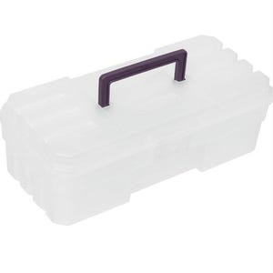 May include: A clear plastic storage box with a purple handle. The box has multiple compartments and is ideal for organizing small items.