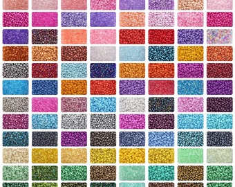 May include: A collection of small, round glass seed beads arranged in a grid of eighty-eight rectangular swatches. The beads feature a wide variety of solid, translucent, metallic, and iridescent finishes in colors including pink, purple, blue, green, yellow, orange, red, brown, black, silver, and white.