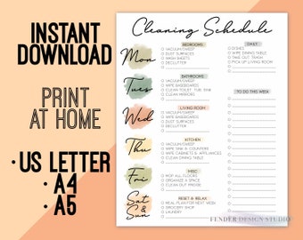 Printable Weekly Cleaning Schedule, Fillable, Write In, Print at Home, To Do List, For Organizer Planner, Modern Cute List, Days of the Week