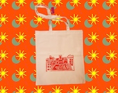Hand-printed orange quot city quot tote-bag