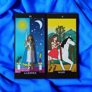 Carte tarot "La justice" et "6 de batons" recto verso.