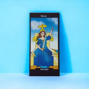 Carte tarot "Reine d'épées et reine de coupes" recto verso