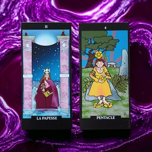 Carte tarot Papesse + 4 de deniers
