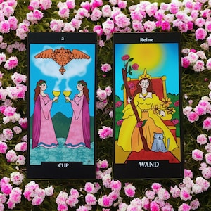 Carte tarot r-v "2 de coupes" et "Reine de batons"