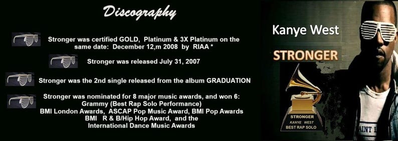 May include: Image featuring Kanye West with the word "Stronger" in bold text. The image includes a Grammy award graphic and a discography section detailing the song's certifications, release date, and awards.