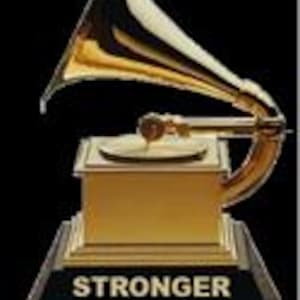 May include: A gold-colored Grammy Award trophy with a gramophone design. The base is black and features the text "STRONGER KANYE WEST BEST RAP SOLO."