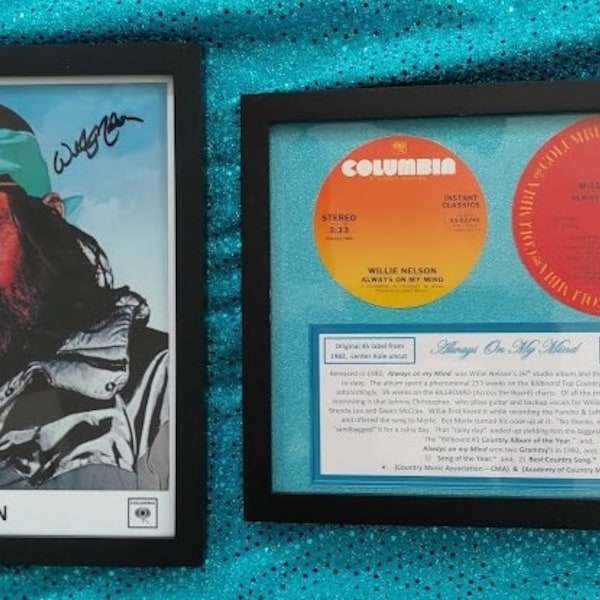 Willie Nelson two framed set HAND SIGNED Photo and extreme rare original Always on my Mind 1982 record labels W-COA