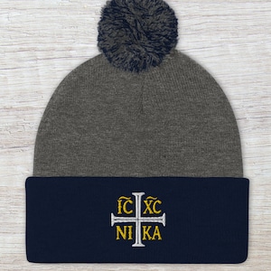 IC XC NIKA &quot;Jesus Christ, Conqueror&quot; Orthodox Christian Pom-Pom Beanie / Winter Hat