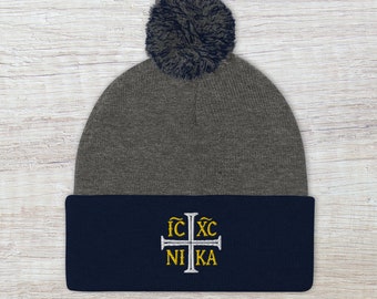 IC XC NIKA "Jesus Christ, Conqueror" Orthodox Christian Pom-Pom Beanie / Winter Hat