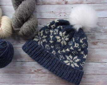 women's wool hat, READY TO SHIP, hand knit hat, wool beanie, gifts for her, fair isle hat, snowflake beanie, wool hat, blue and white hat