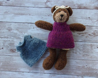 Buttercup- Heirloom quality teddy bear, Handknit 9" bear with removable dress and extra dress, Wool teddy bear, teddy bear