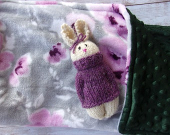 Knitted toy bunny, baby blanket gift set, comfort doll, minky and flannel blanket, soft baby blanket, gender neutral gift, handmade,