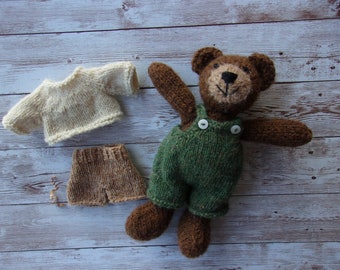 Fredrick- Heirloom quality teddy bear,  Hand knit 9"bear, with removable overalls plus extra outfit, gifting ready