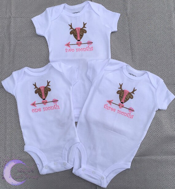 Four Month Five Months Six Months Milestone Bodysuit Shirt Carter Baby Newborn Infant Adorable Embroidered Fawn Deer Outfit Pink Brown