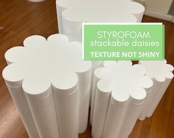 Cylinder stand, white pedestal, flower-shaped styrofoam cylinders, daisy kit cake stands