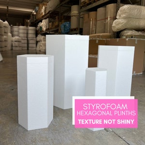 Hexagonal styrofoam cylinders, hollow foam cylinders, plinths for parties, white cylinder pedestal