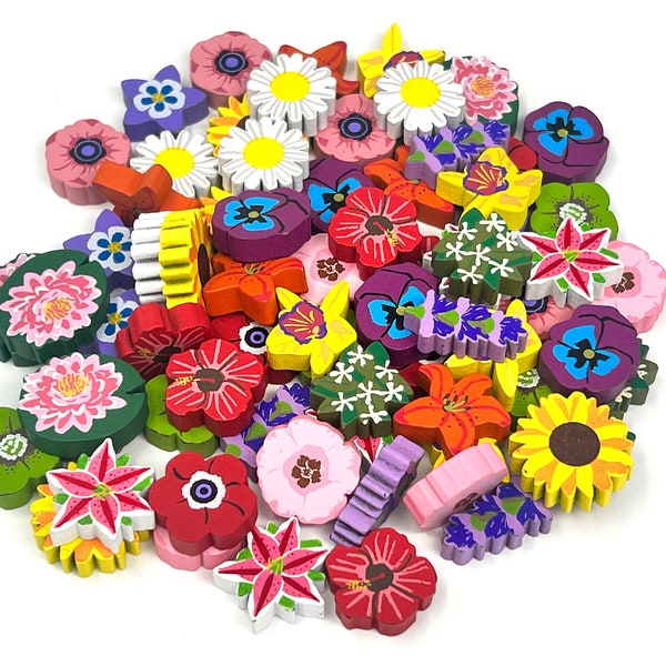 Painted Wooden Nectar/Flower Tokens for Wingspan: Oceania (69-piece assorted set, 15 flower types)