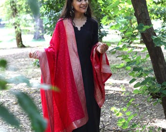 Roze Georgette Dupatta met sippi en randwerk