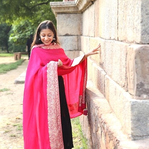Georgette Pink Border Work Dupatta With Latkans