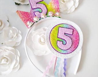 Girls Bright Rainbow Birthday Crown Headband, Crown and Badge Set, Glitter headband, Birthday Headband