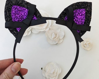 Black And Purple Glittered Black Cat Ears On Satin Headband, Girls Halloween Costume, Girls Gifts, Gifts for Girls, Halloween Party Favours