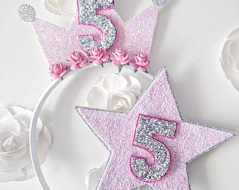 Baby Pink Shimmer Birthday Crown and Badge Set, Gifts For Girls