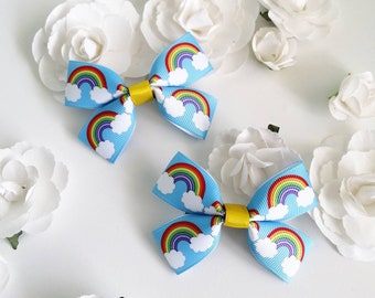 Rainbow Bow, Small Rainbow Bow, Pigtail Bows, Small Bow, Blue Bow, Girls Bow, Girls Hair Accessories, Girls Party Favors, Gifts for Girls