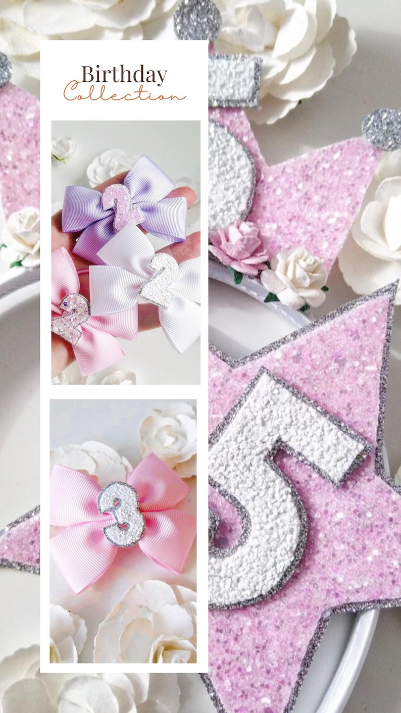 May include: A set of three pink, white and purple hair bows with silver glitter numbers two and three. The bows are displayed on a white background with pink glitter stars and a silver glitter crown.