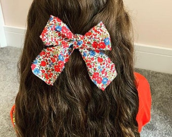 Red and Blue Floral Liberty of London Bow, Liberty Fabric, Large Bow, Tied Bow, Traditional Bow, Gifts for Girls, Girls Gifts