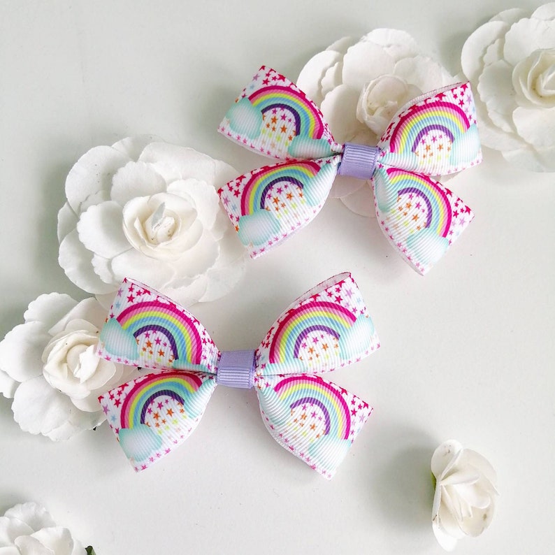 Rainbow Bow, Lilac Bow, Girls Hair Bows, Girls Pigtail Bows, Girls Party Favours, Purple Bow Double Rainbow+Lilac