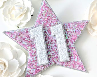 Insignia de cumpleaños con brillantina, rosa pastel, regalo de cumpleaños, insignia de estrella, recompensa, aniversario, logro especial, estrella de felicitación, estrella grande