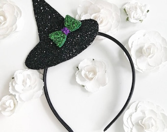 Black Glittered Witches Hat On Satin Headband, Girls Halloween Costume, Girls Gifts, Gifts for Girls, Halloween Party Favours