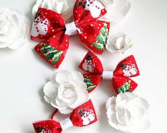 Red Snowman and Tree Christmas Bow, Small Baby Bow, Christmas Party Favours, Stocking Filler, Girls Gifts, Advent Calendar Filler
