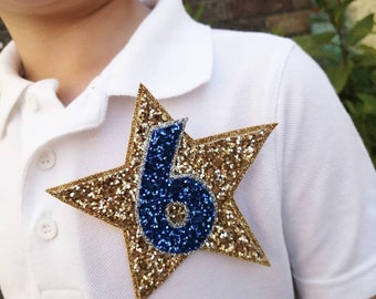 Pale Gold Glitter Star Birthday Badge Blue, Pink, Lilac, Green, Red,