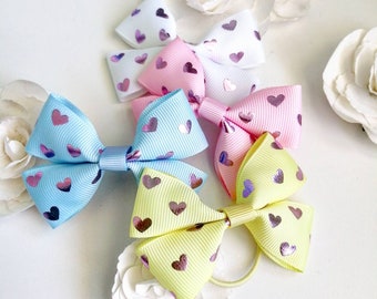 Small Pink, White, Blue, Lemon Hair Bows with Lilac Hearts, Girls Gift, Gifts for Girls