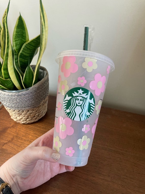 Retro Flowers Starbucks Cup Pink Flowers Cold Cup 70s 