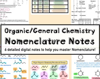 May include: A colourful digital printable worksheet with the title "Organic/General Chemistry Nomenclature Notes" and the text "6 detailed digital notes to help you master Nomenclature!"  The worksheet includes diagrams and text explaining the rules of organic chemistry nomenclature.