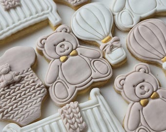 Baby Shower Cookies, Teddy Bear, Baby Grow, Cot, Air Balloon, Set of 12