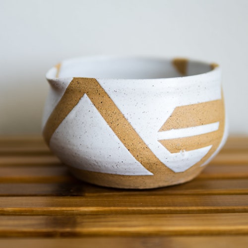 White Ceramic Matcha Bowl With Spout Stoneware Speckled Etsy