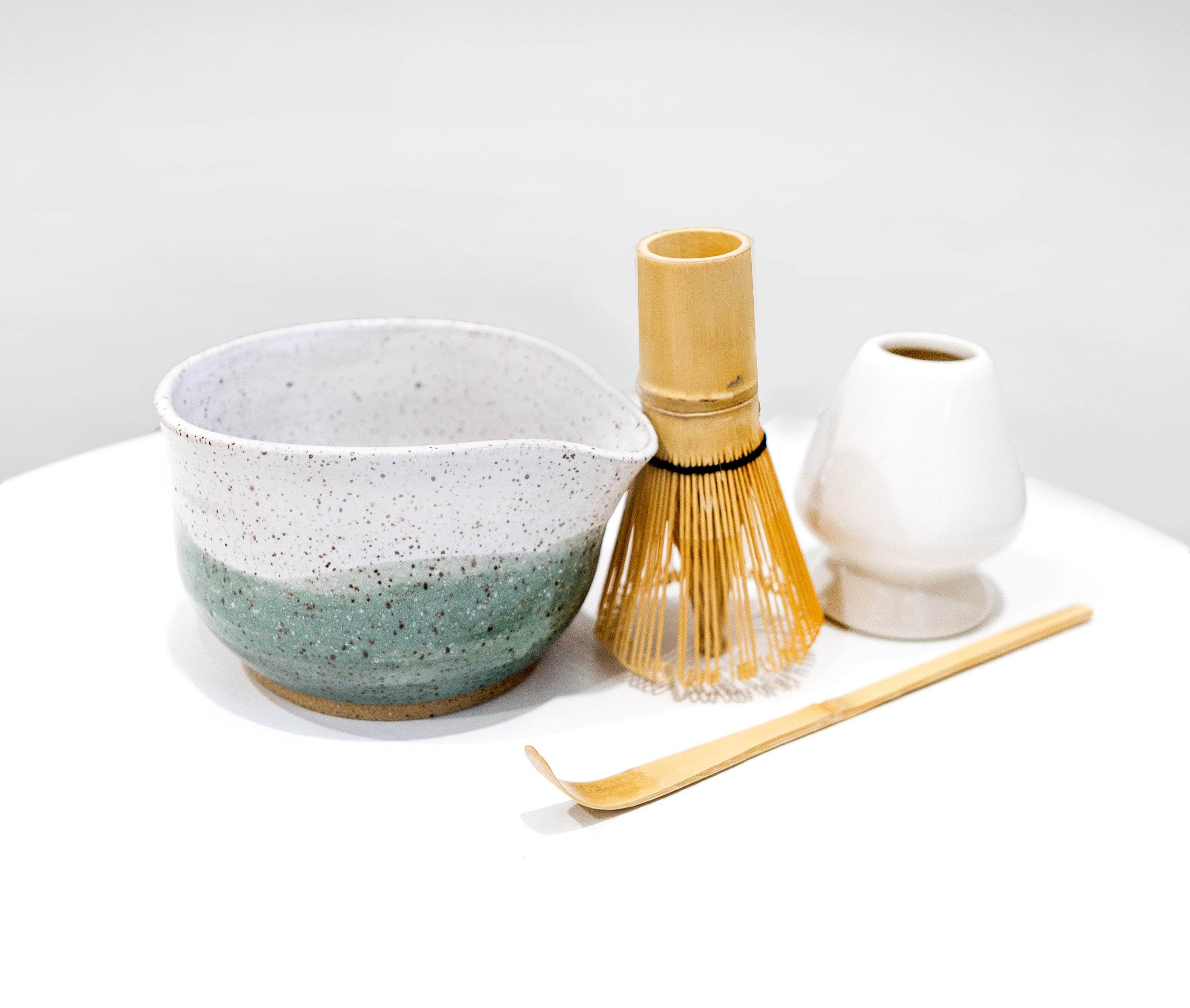 Ceramic Matcha Bowl Gift Set, Speckled Green and White, Bowl With Spout,  Whisk Holder Stand, Scoop, Japanese Chawan and Chasen 