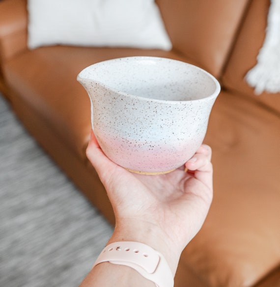 Speckled Ceramic Matcha Bowl With Spout, Pink and White, Matcha