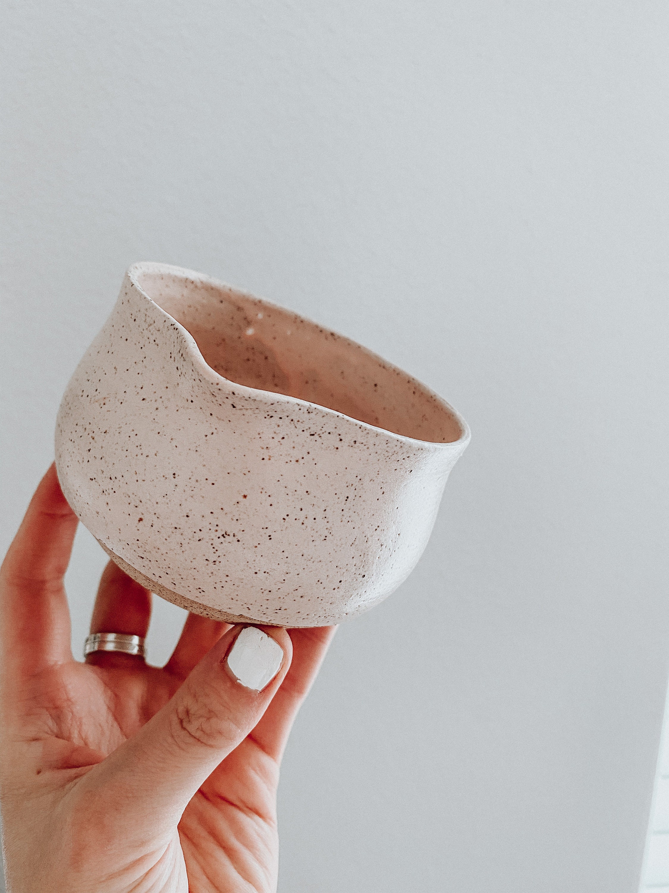 Speckled Ceramic Matcha Bowl With Spout, Pink and White, Matcha