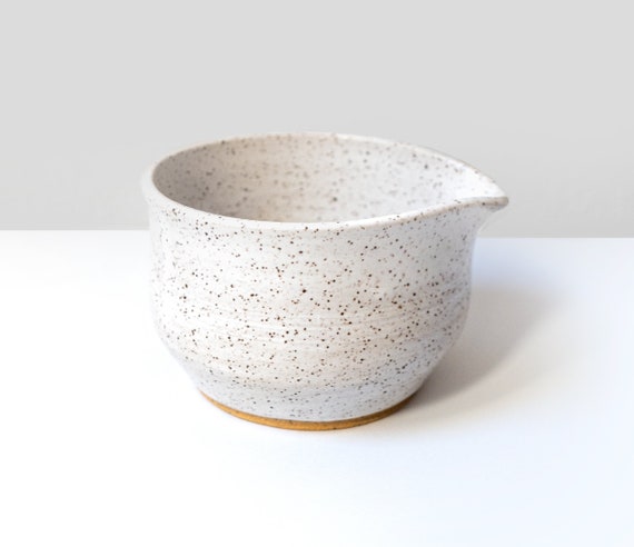 Speckled Ceramic Matcha Bowl With Spout, Pink and White, Matcha