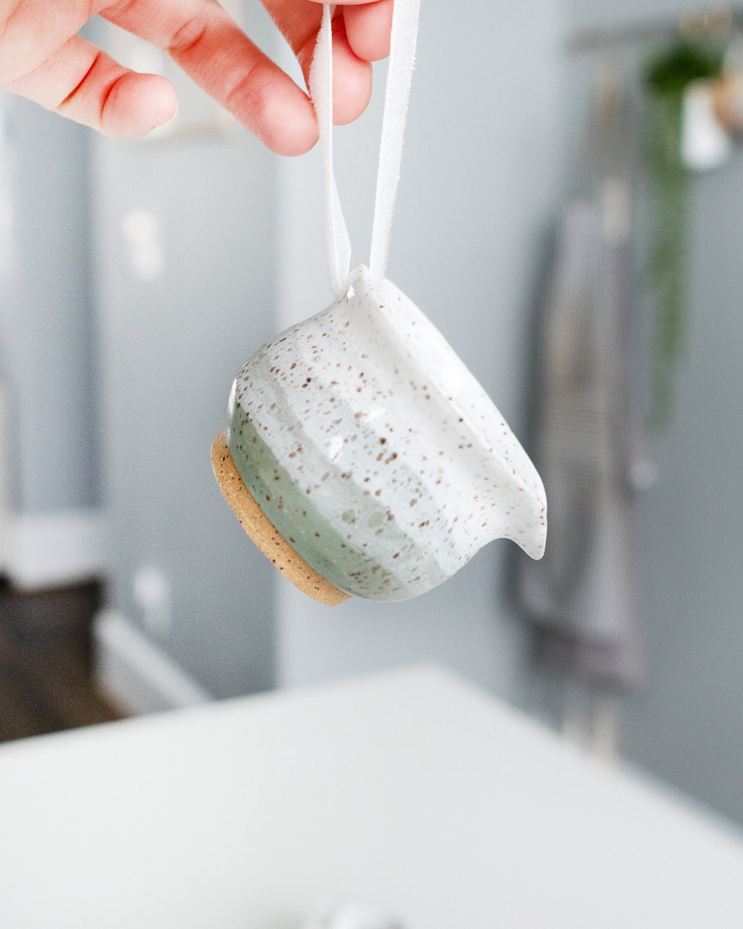 Matcha Bowl Ceramic Ornament, Green and White, Tree Decoration, Matcha